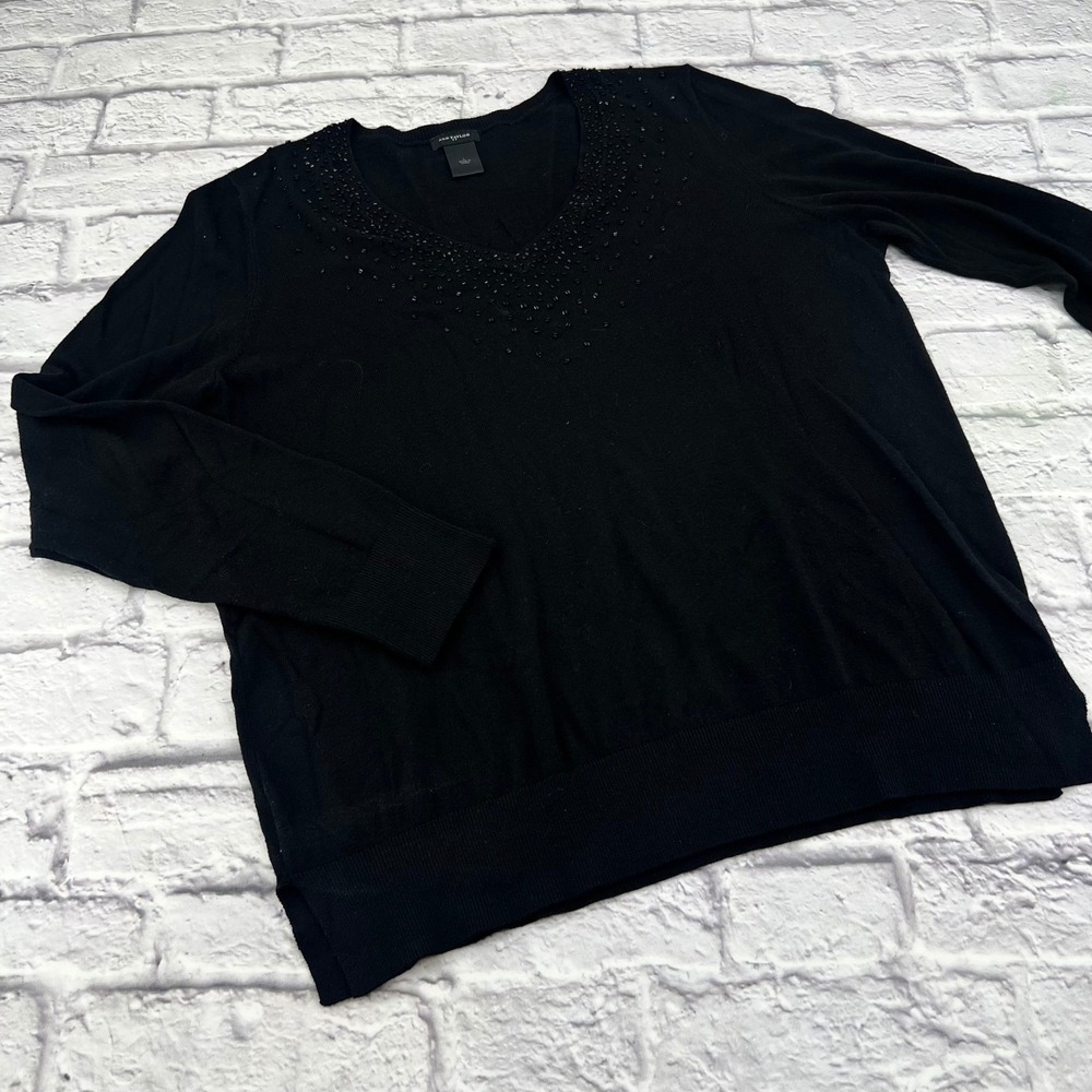 Ann Taylor Factory Womens Black V-Neck Beaded Fine Knit Sweater Large Party
